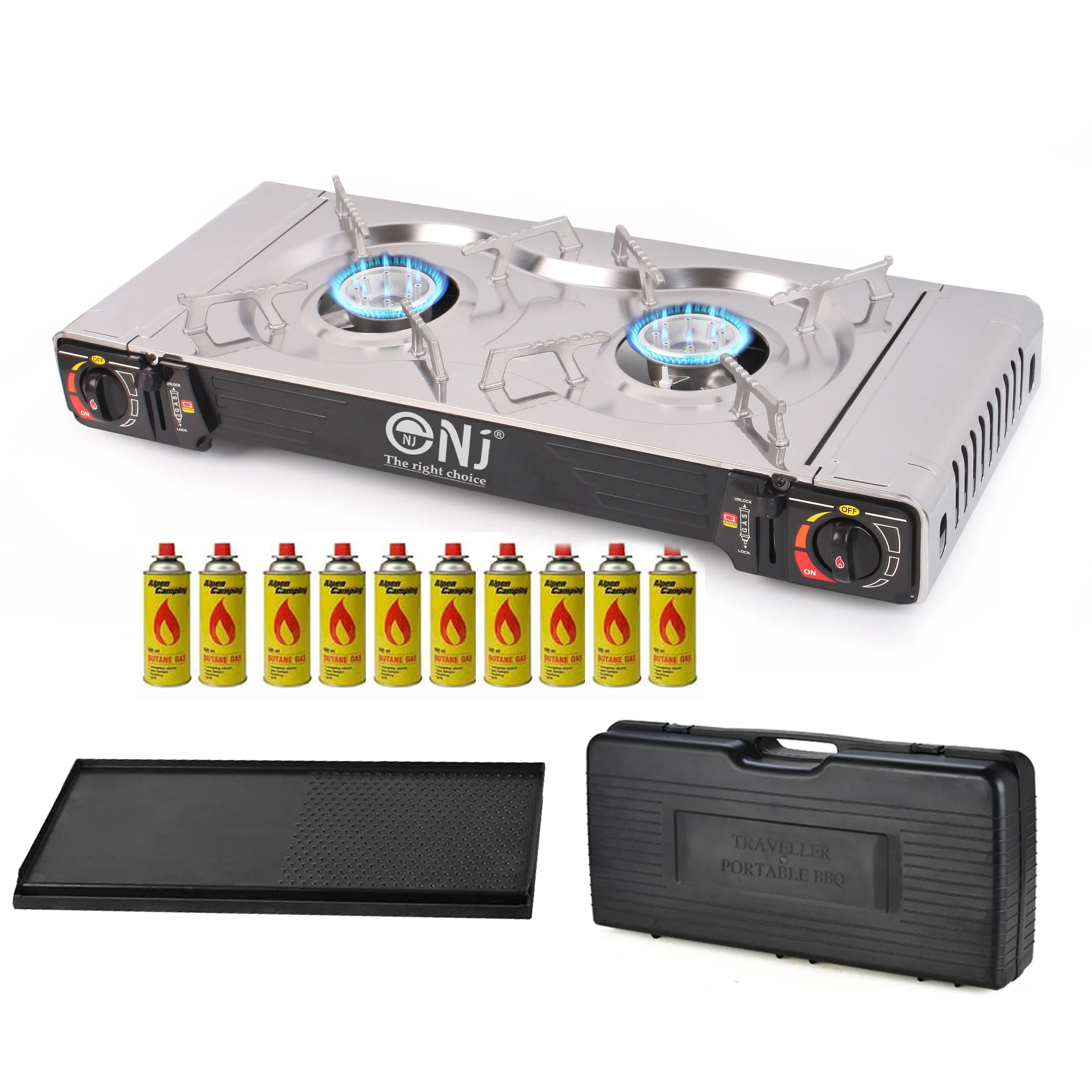 NJ SG-2 Double Burner Stainless Steel Camp Gas Stove Grill Plate Portable Cooker Butane BBQ Outdoor