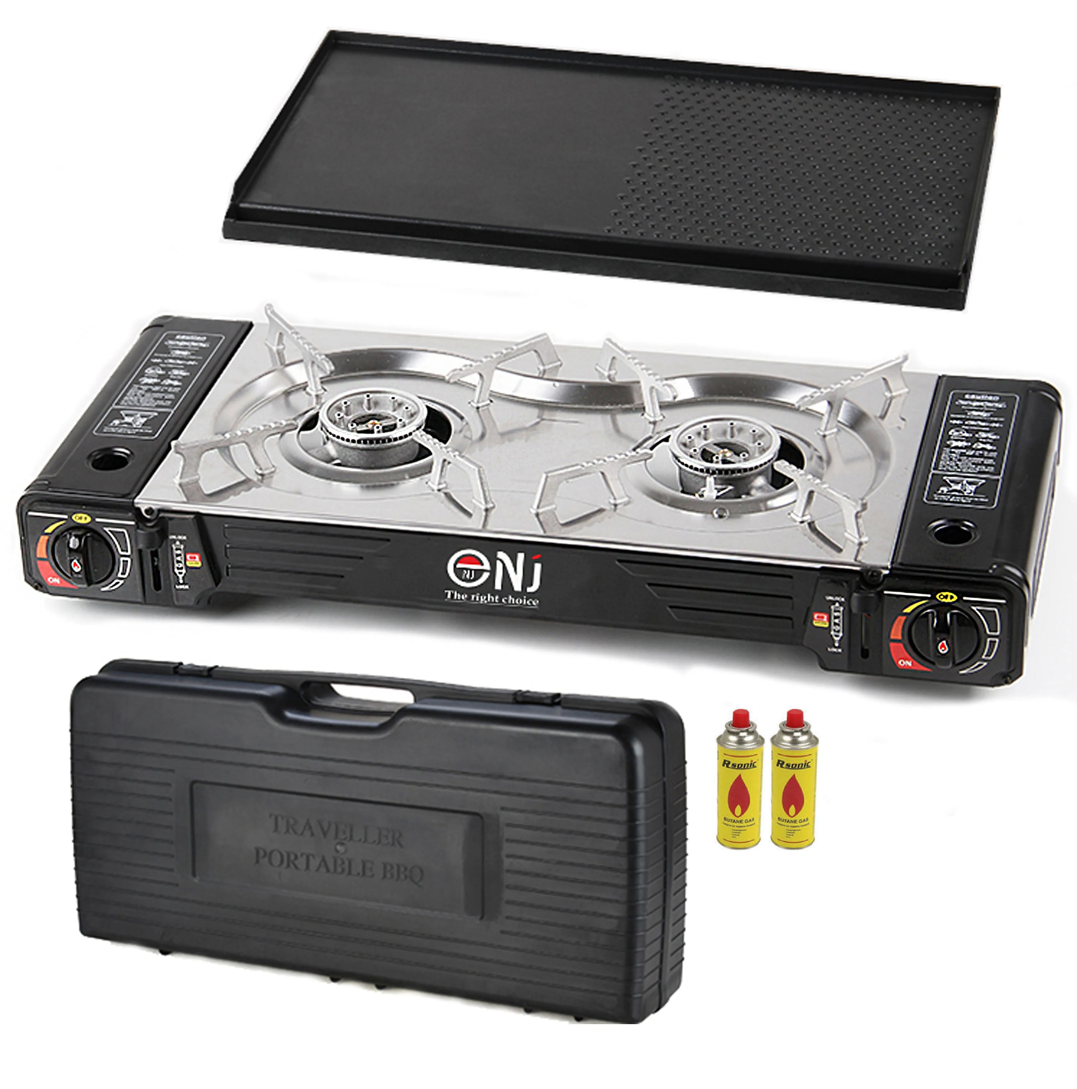 NJ SG-2 Double Burner Stainless Steel Camp Gas Stove Grill Plate Portable Cooker Butane BBQ Outdoor
