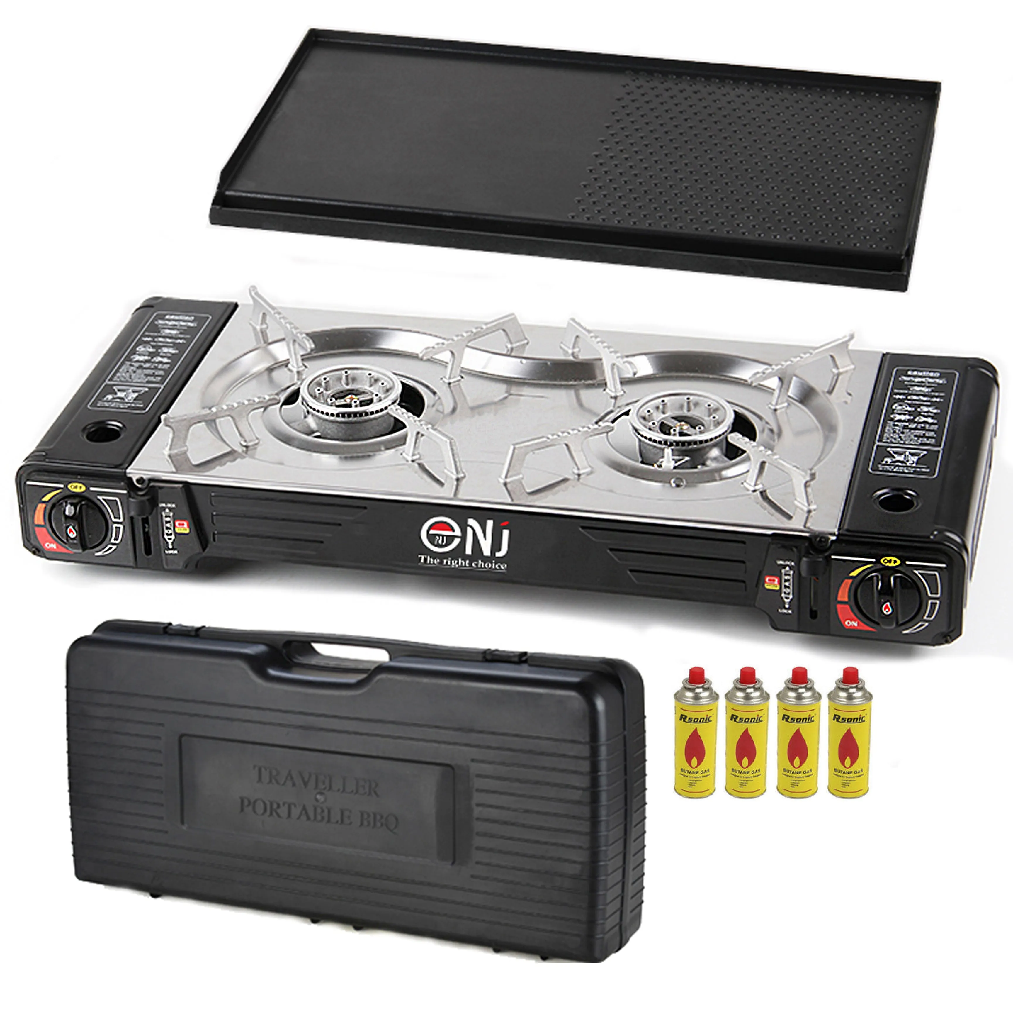 NJ SG-2 Double Burner Stainless Steel Camp Gas Stove Grill Plate Portable Cooker Butane BBQ Outdoor