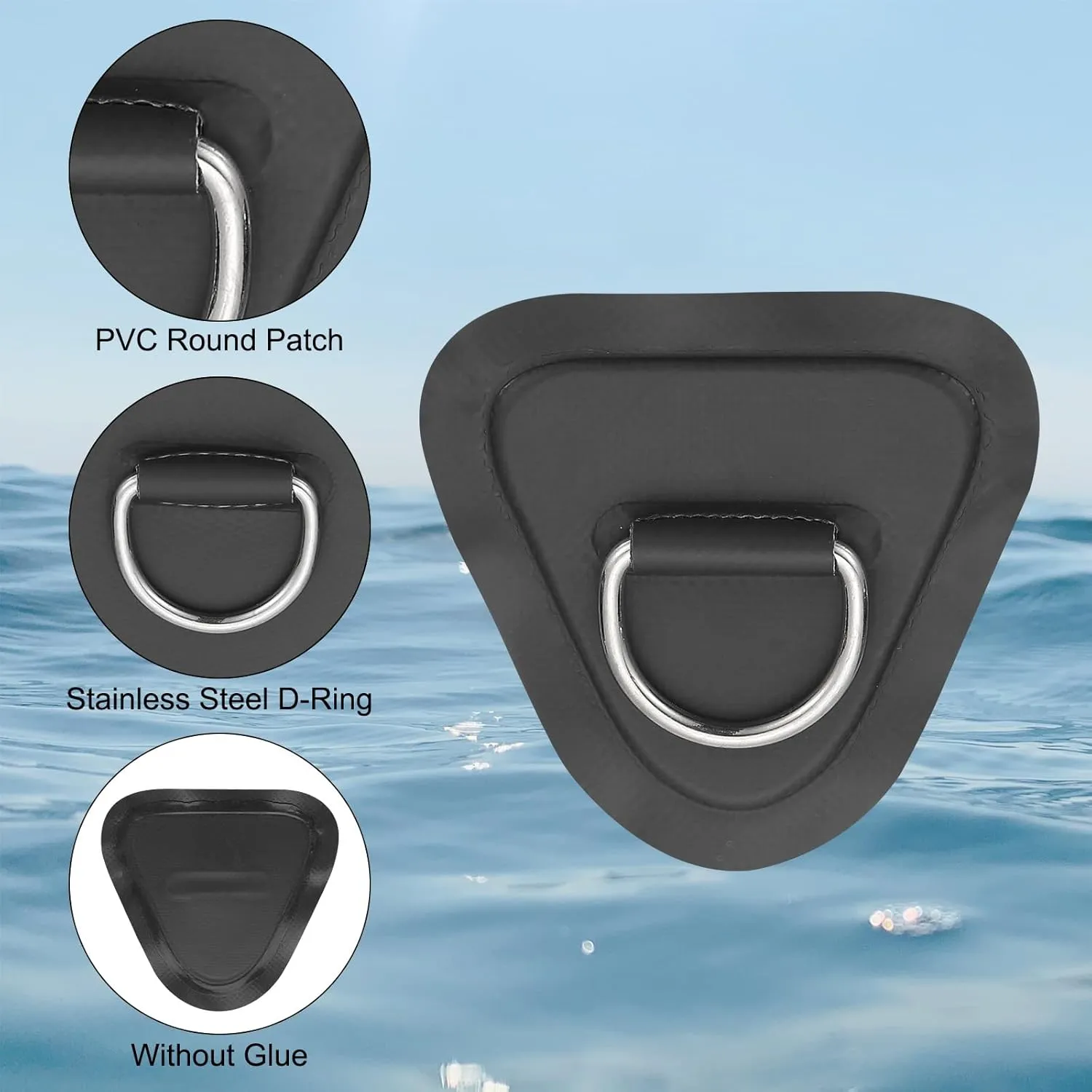 PATIKIL 3.5" Paddle Board D Rings, 4 Pcs Stainless Steel D-Ring PVC Patch Pad No Glue Include for Raft Kayak Inflatable Boat Surfboard, Black