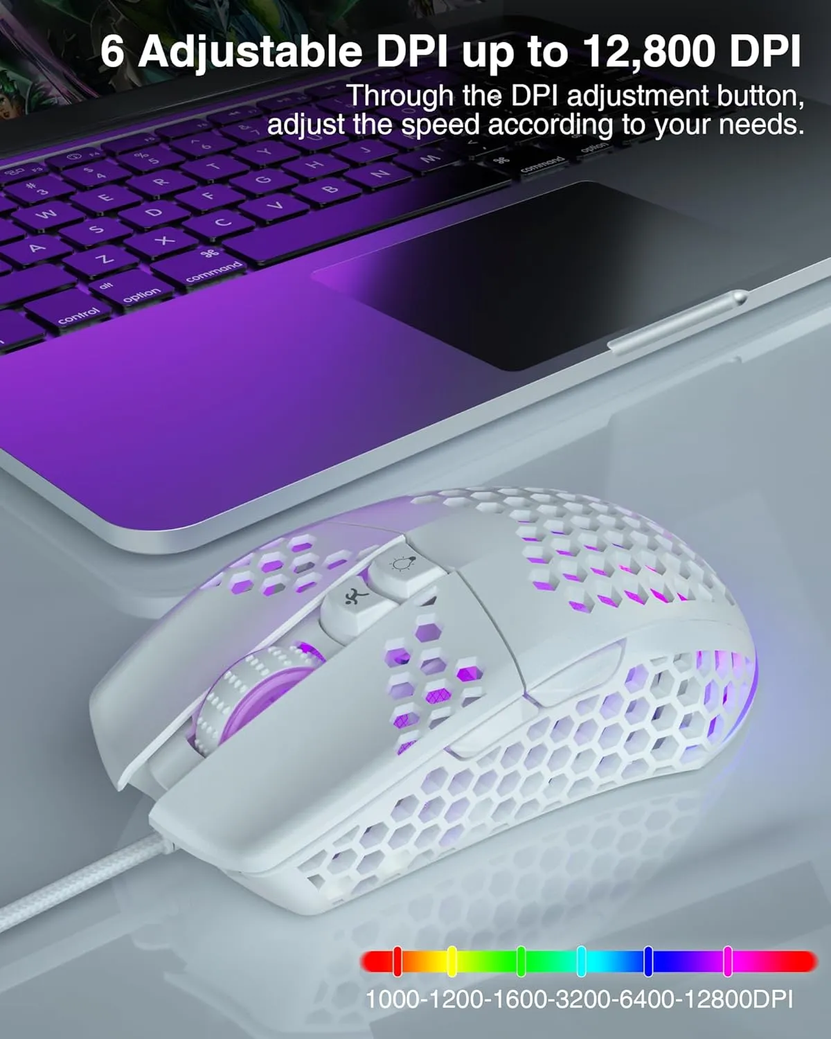SM900 White Wired Gaming Mouse with Honeycomb Shell,12800 DPI,7 Programmable Buttons,Lightweight Gaming Mice Ergonomic Computer Wired Mouse Gaming for Win/PC/Mac/Laptop Gamer