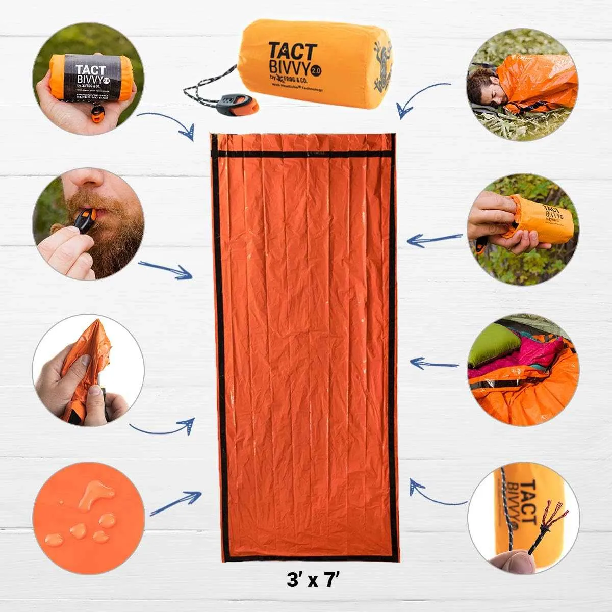 Survival Frog Tact Bivvy 2.0 Emergency Sleeping Bag w/Stuff Sack, Carabiner, Survival Whistle, ParaTinder -