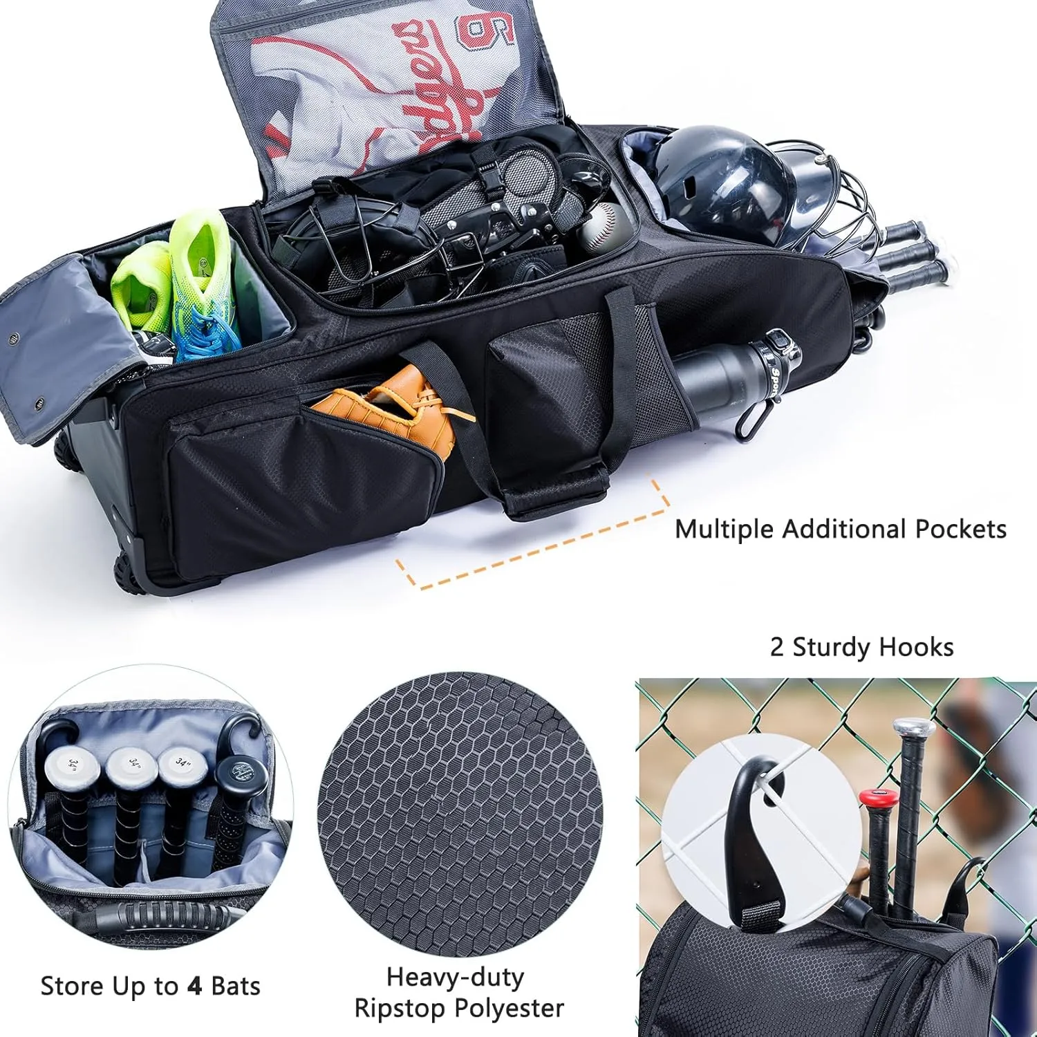 Upgraded Rolling Baseball Bag with Sturdy Hard Backing - Large Softball Bag with Wheels for 4 Bats, Large Team Equipment Duffle Bat Bag, Catcher Gear Bag for Boys 8-12, Youth, Adults