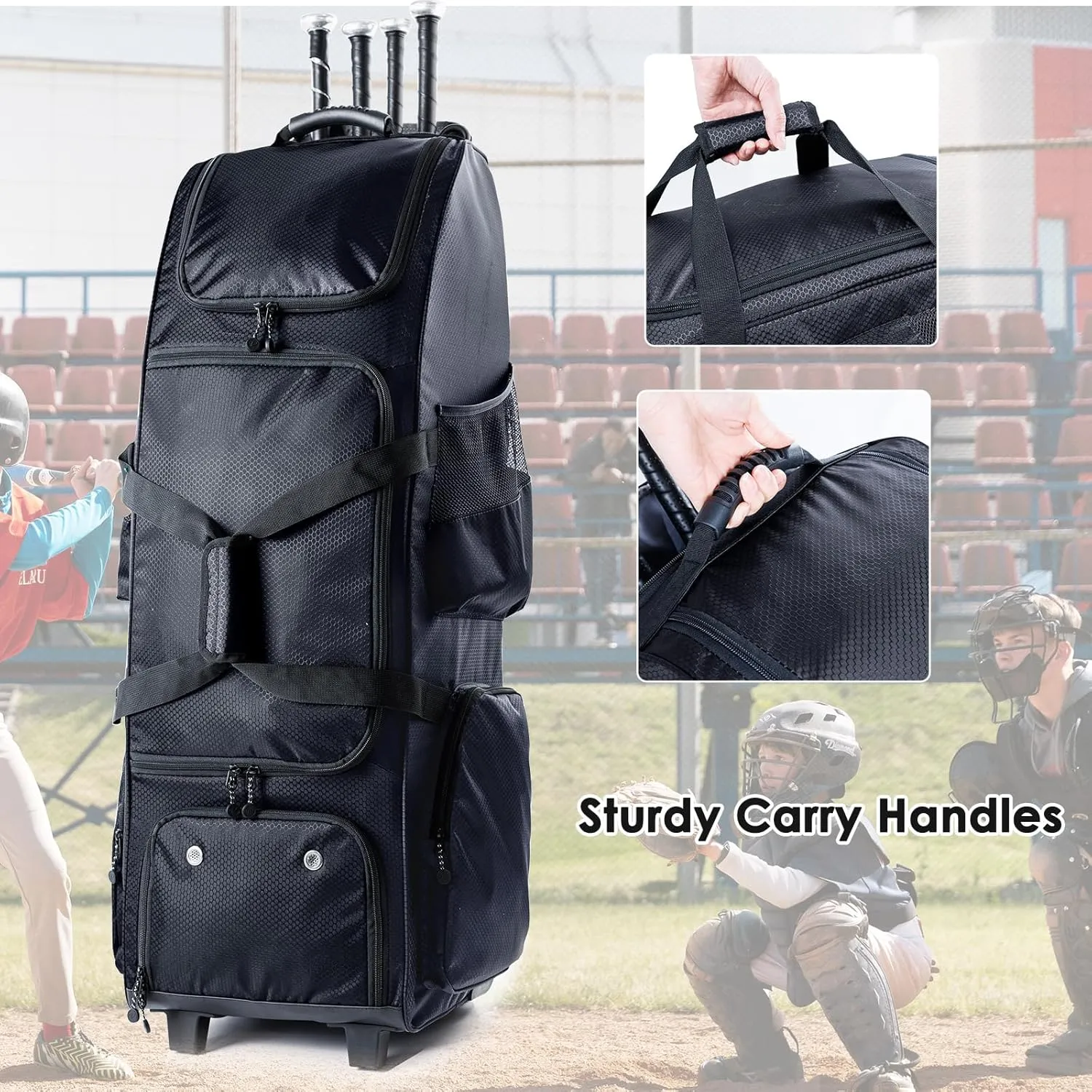 Upgraded Rolling Baseball Bag with Sturdy Hard Backing - Large Softball Bag with Wheels for 4 Bats, Large Team Equipment Duffle Bat Bag, Catcher Gear Bag for Boys 8-12, Youth, Adults