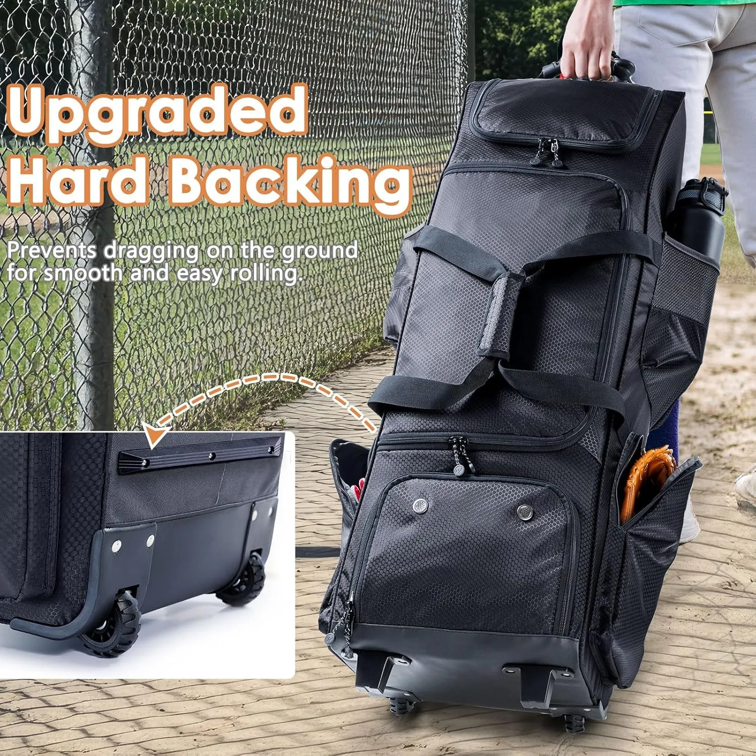 Upgraded Rolling Baseball Bag with Sturdy Hard Backing - Large Softball Bag with Wheels for 4 Bats, Large Team Equipment Duffle Bat Bag, Catcher Gear Bag for Boys 8-12, Youth, Adults